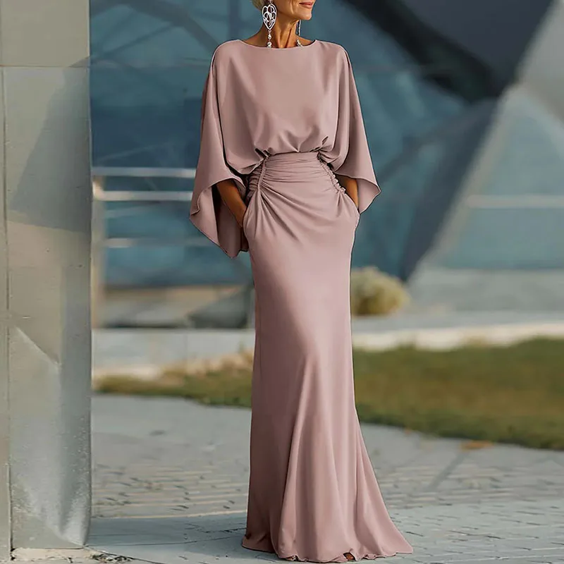 Womens Sexy Backless Hollow Bohemian Dress Spring Elegant O Neck High Waist Long Dress Summer Batwing Sleeve Slim Straight Dress