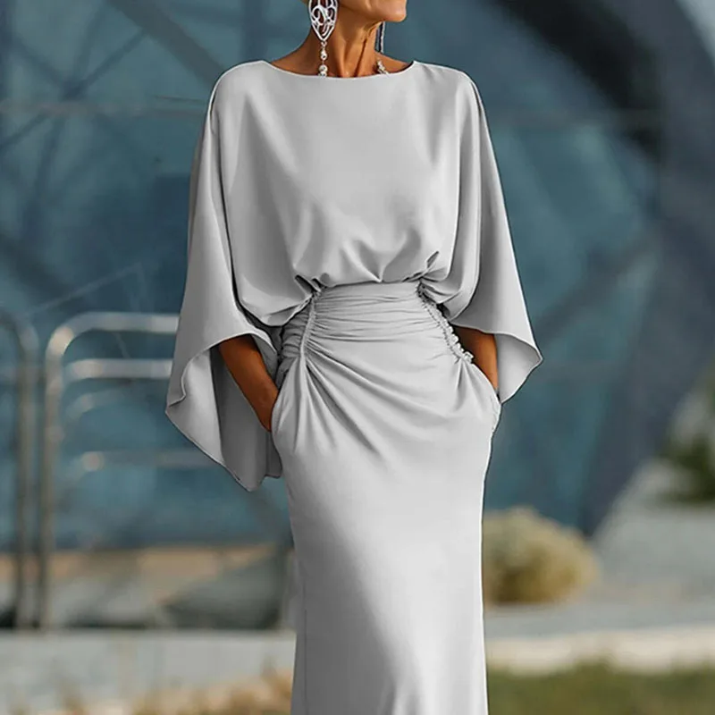 Womens Sexy Backless Hollow Bohemian Dress Spring Elegant O Neck High Waist Long Dress Summer Batwing Sleeve Slim Straight Dress