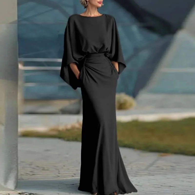 Womens Sexy Backless Hollow Bohemian Dress Spring Elegant O Neck High Waist Long Dress Summer Batwing Sleeve Slim Straight Dress