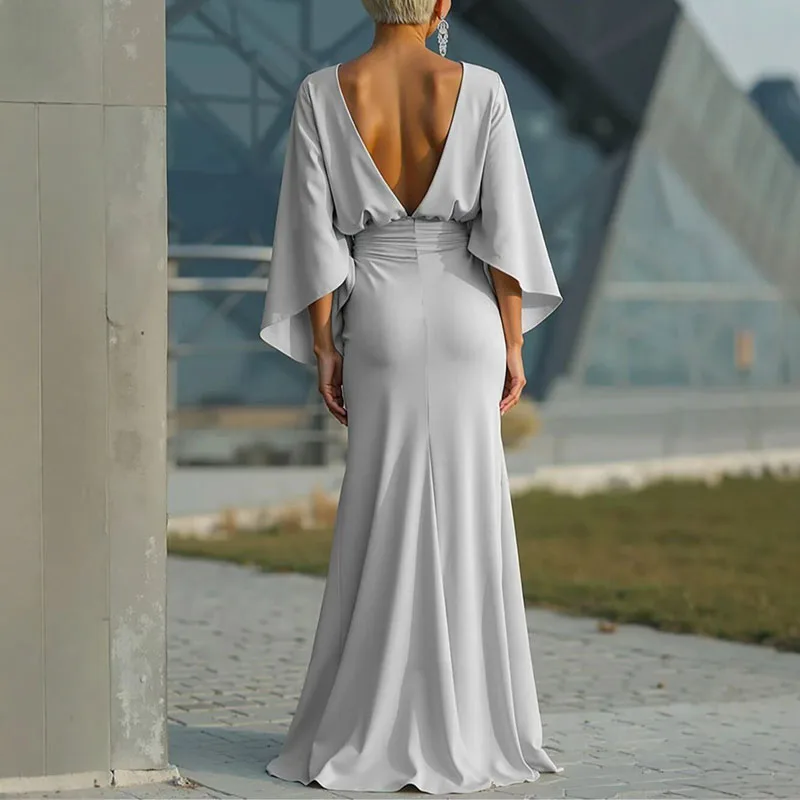 Womens Sexy Backless Hollow Bohemian Dress Spring Elegant O Neck High Waist Long Dress Summer Batwing Sleeve Slim Straight Dress