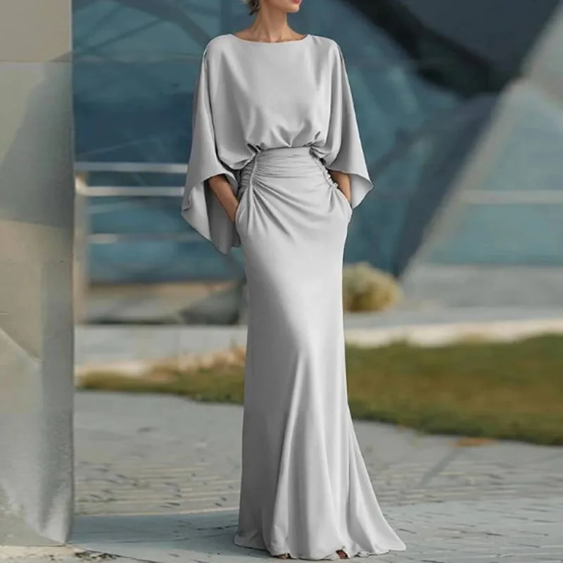 Womens Sexy Backless Hollow Bohemian Dress Spring Elegant O Neck High Waist Long Dress Summer Batwing Sleeve Slim Straight Dress