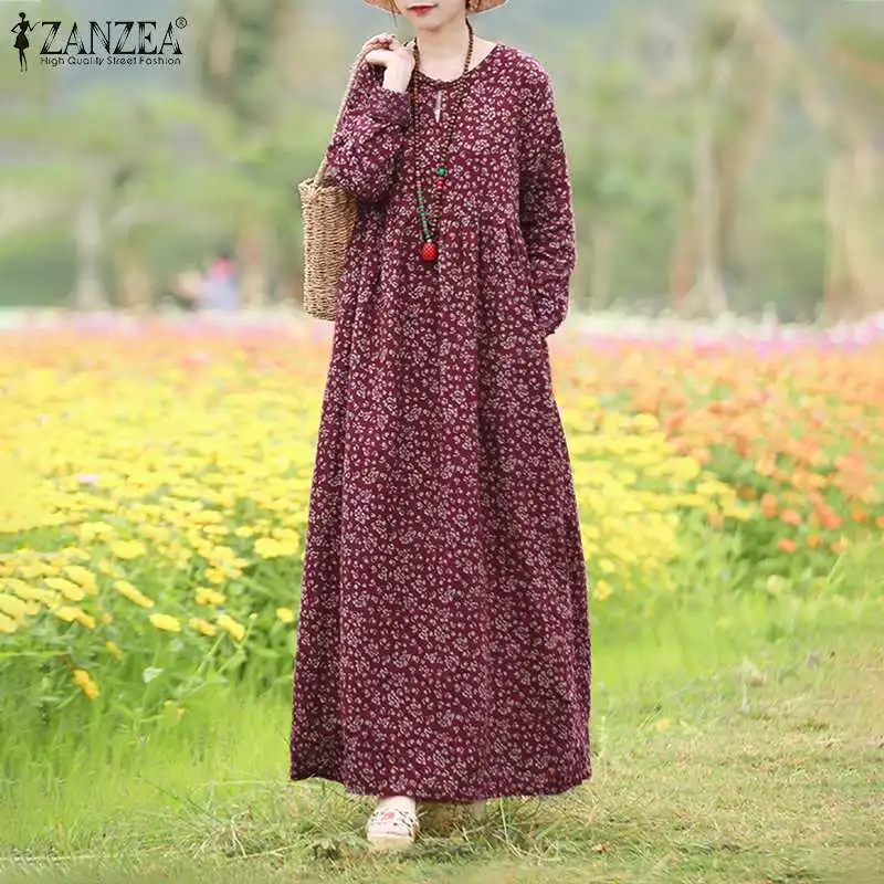Vintage Floral Dress Woman 2025 ZANZEA Autumn Bohemian Long Dresses Casual Long Sleeve Maxi Vestidos Loose Robe Femme Oversize