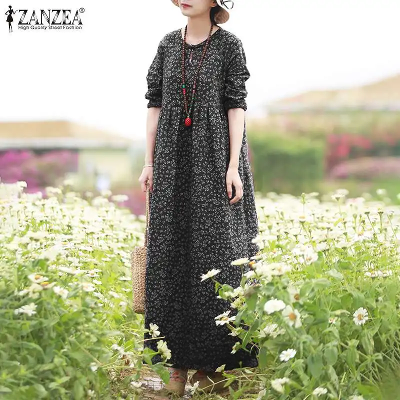 Vintage Floral Dress Woman 2025 ZANZEA Autumn Bohemian Long Dresses Casual Long Sleeve Maxi Vestidos Loose Robe Femme Oversize