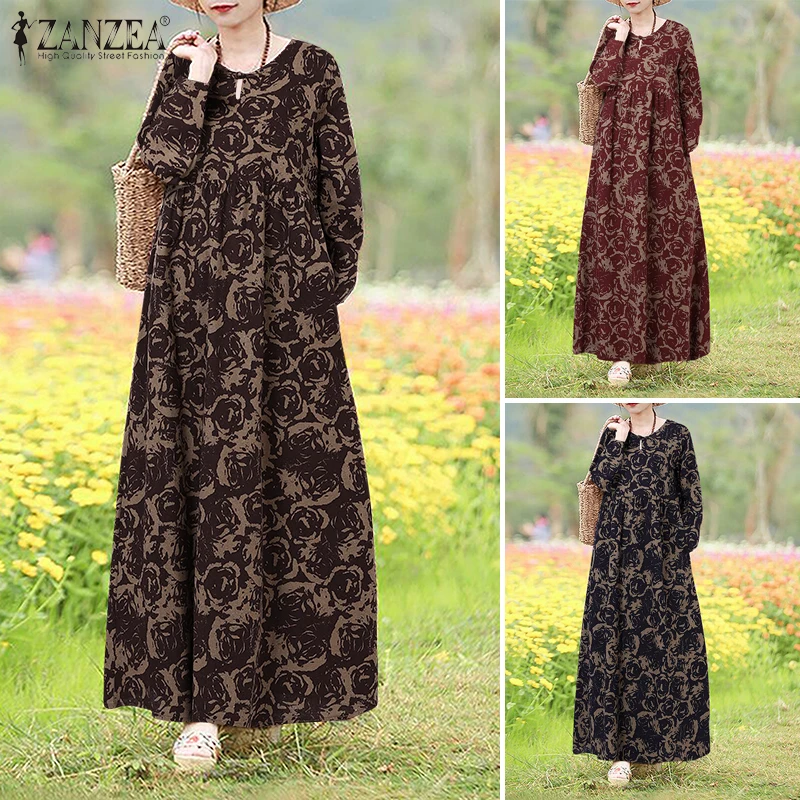 Vintage Floral Dress Woman 2025 ZANZEA Autumn Bohemian Long Dresses Casual Long Sleeve Maxi Vestidos Loose Robe Femme Oversize
