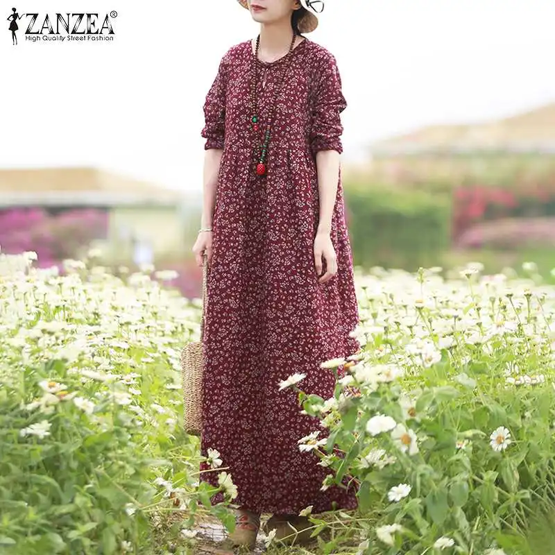 Vintage Floral Dress Woman 2025 ZANZEA Autumn Bohemian Long Dresses Casual Long Sleeve Maxi Vestidos Loose Robe Femme Oversize