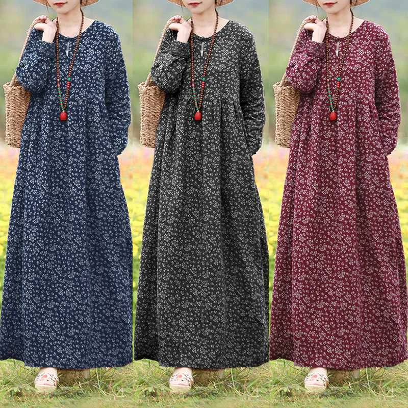Vintage Floral Dress Woman 2025 ZANZEA Autumn Bohemian Long Dresses Casual Long Sleeve Maxi Vestidos Loose Robe Femme Oversize