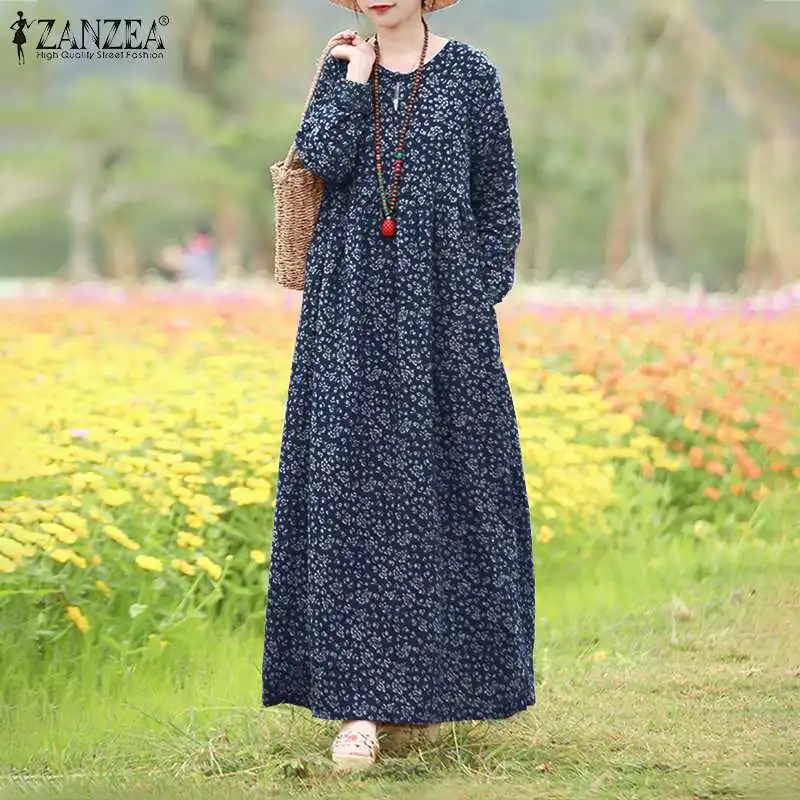 Vintage Floral Dress Woman 2025 ZANZEA Autumn Bohemian Long Dresses Casual Long Sleeve Maxi Vestidos Loose Robe Femme Oversize