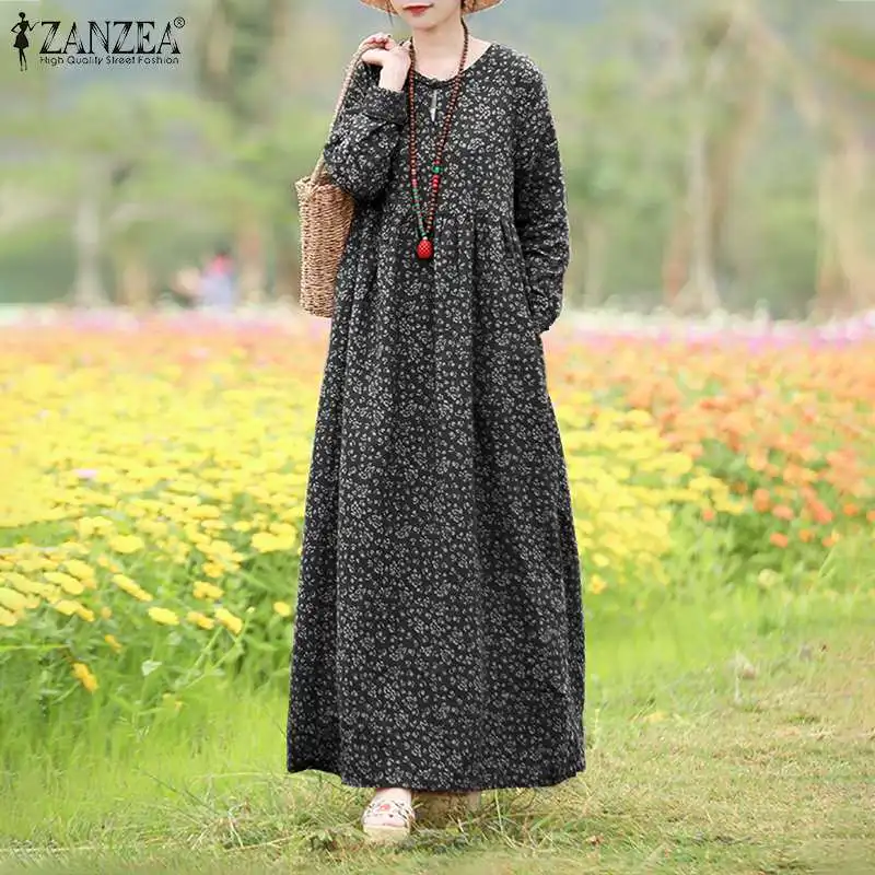 Vintage Floral Dress Woman 2025 ZANZEA Autumn Bohemian Long Dresses Casual Long Sleeve Maxi Vestidos Loose Robe Femme Oversize
