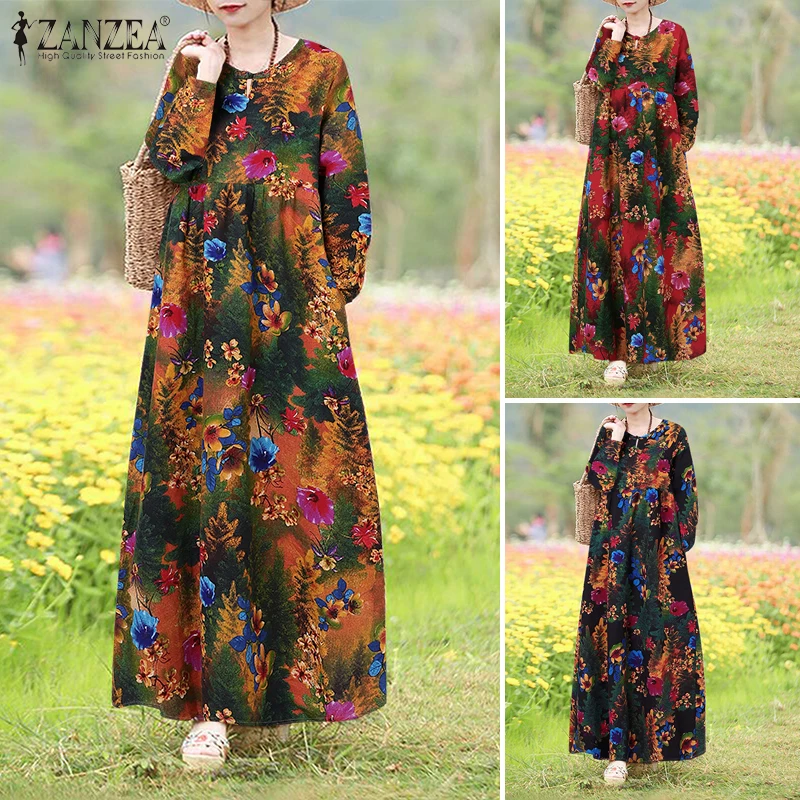 Vintage Floral Dress Woman 2025 ZANZEA Autumn Bohemian Long Dresses Casual Long Sleeve Maxi Vestidos Loose Robe Femme Oversize