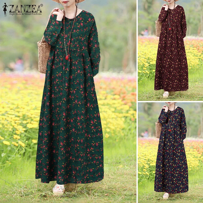 Vintage Floral Dress Woman 2025 ZANZEA Autumn Bohemian Long Dresses Casual Long Sleeve Maxi Vestidos Loose Robe Femme Oversize