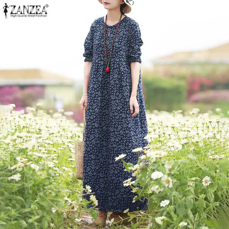 Vintage Floral Dress Woman 2025 ZANZEA Autumn Bohemian Long Dresses Casual Long Sleeve Maxi Vestidos Loose Robe Femme Oversize
