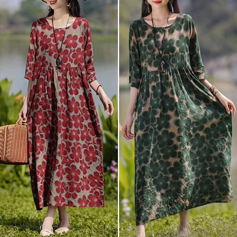 Vintage Floral Dress Woman 2025 ZANZEA Autumn Bohemian Long Dresses Casual Long Sleeve Maxi Vestidos Loose Robe Femme Oversize