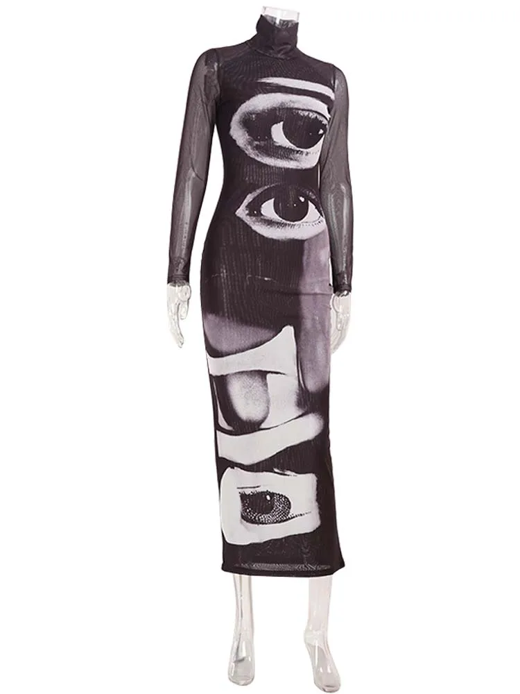 Ahagaga Fashion Women's Maxi Dresses Printed Turtleneck Regular Long Sleeves Sheath Slim Fit Eyes Causal Streetwear Vestidos