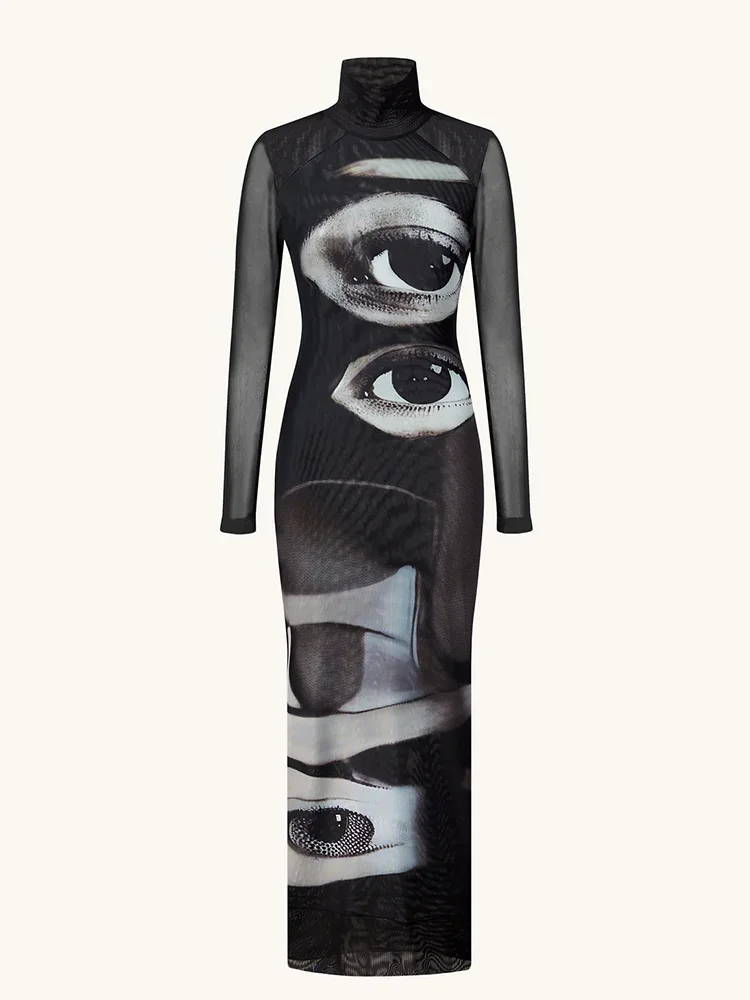 Ahagaga Fashion Women's Maxi Dresses Printed Turtleneck Regular Long Sleeves Sheath Slim Fit Eyes Causal Streetwear Vestidos