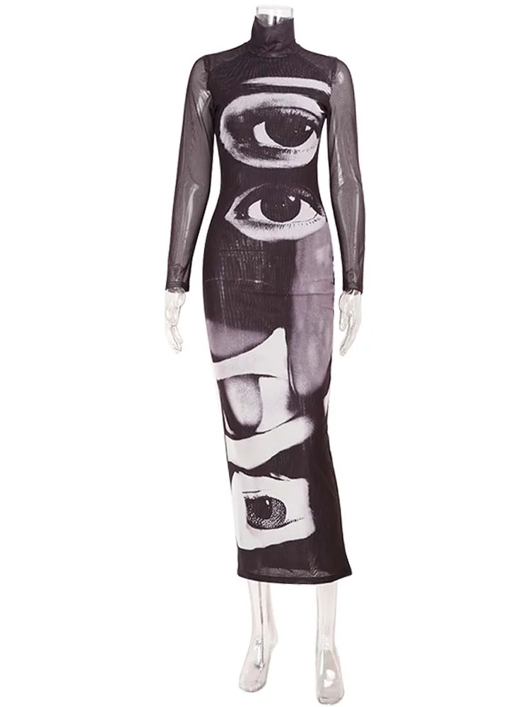 Ahagaga Fashion Women's Maxi Dresses Printed Turtleneck Regular Long Sleeves Sheath Slim Fit Eyes Causal Streetwear Vestidos
