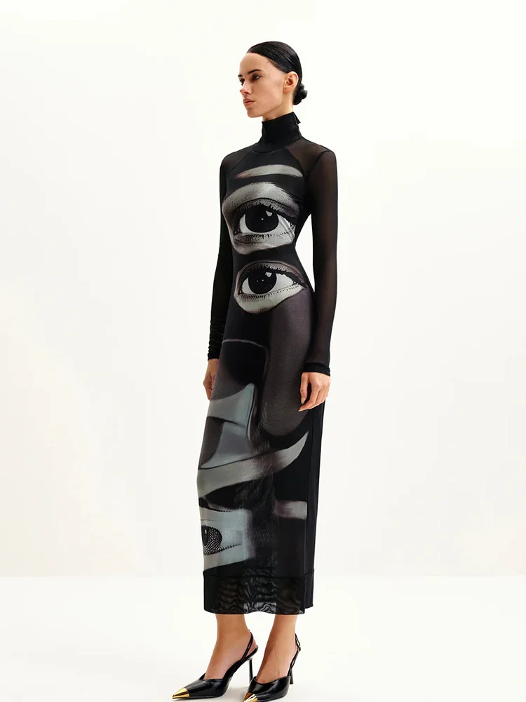 Ahagaga Fashion Women's Maxi Dresses Printed Turtleneck Regular Long Sleeves Sheath Slim Fit Eyes Causal Streetwear Vestidos