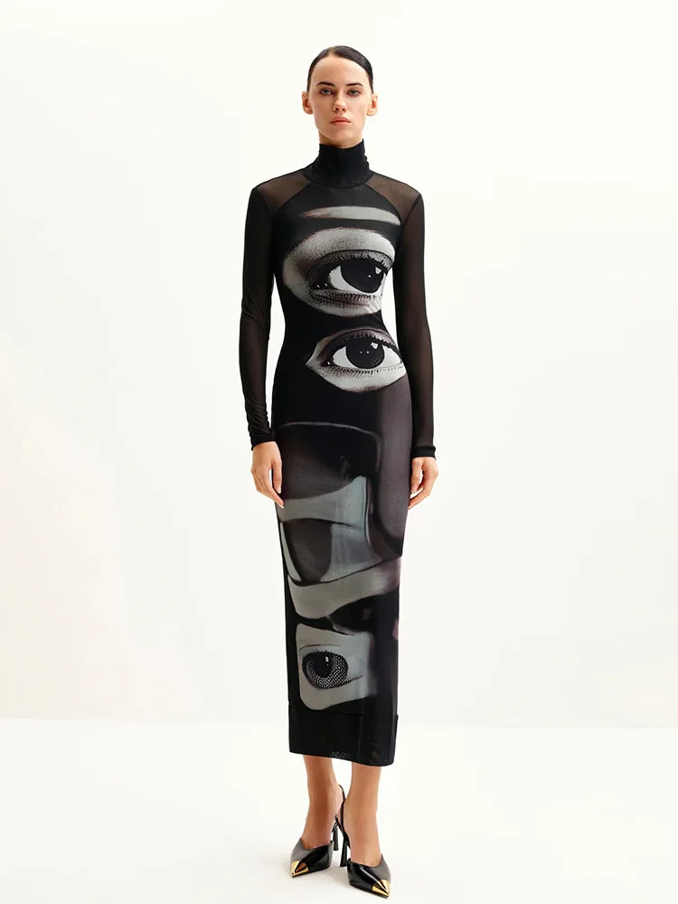 Ahagaga Fashion Women's Maxi Dresses Printed Turtleneck Regular Long Sleeves Sheath Slim Fit Eyes Causal Streetwear Vestidos