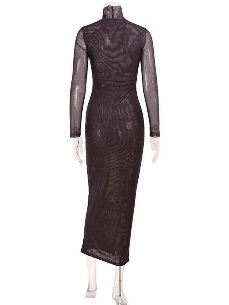 Ahagaga Fashion Women's Maxi Dresses Printed Turtleneck Regular Long Sleeves Sheath Slim Fit Eyes Causal Streetwear Vestidos
