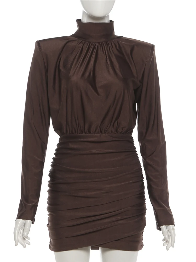 Nibber Classic Turtleneck Dress Women Shoulder Padded Ruched Sexy Office Commute Simple Peach Hip Skinny Elegant Mini Bodycon