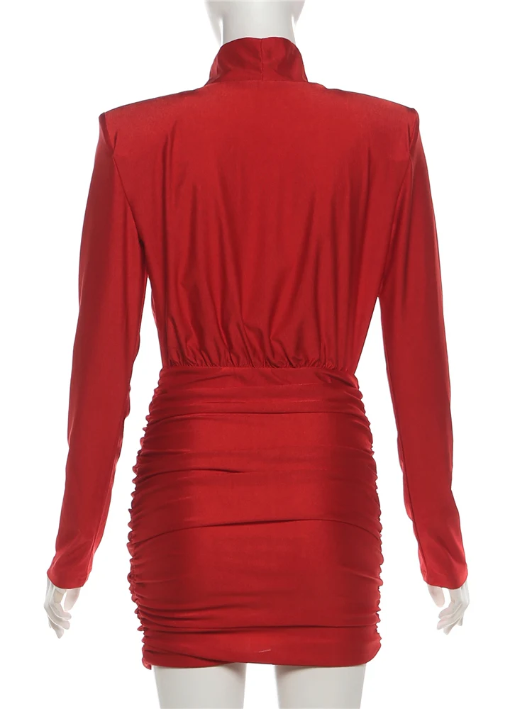 Nibber Classic Turtleneck Dress Women Shoulder Padded Ruched Sexy Office Commute Simple Peach Hip Skinny Elegant Mini Bodycon