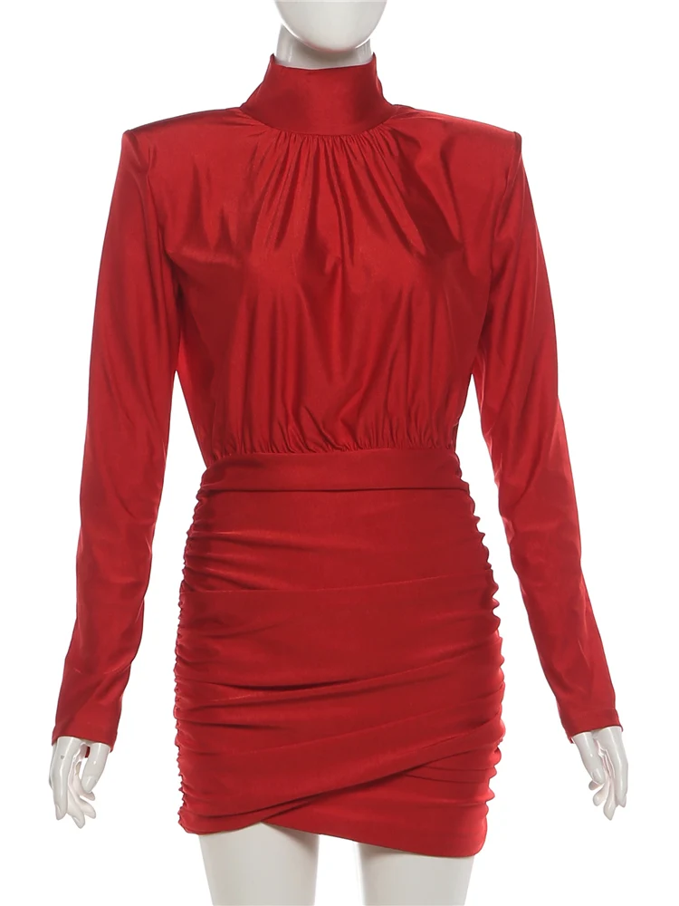 Nibber Classic Turtleneck Dress Women Shoulder Padded Ruched Sexy Office Commute Simple Peach Hip Skinny Elegant Mini Bodycon