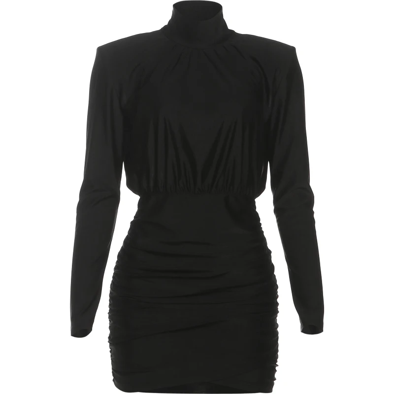 Nibber Classic Turtleneck Dress Women Shoulder Padded Ruched Sexy Office Commute Simple Peach Hip Skinny Elegant Mini Bodycon