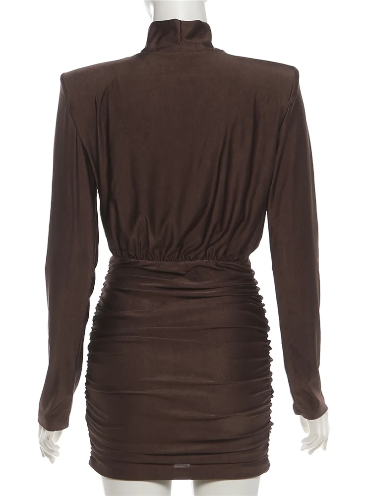Nibber Classic Turtleneck Dress Women Shoulder Padded Ruched Sexy Office Commute Simple Peach Hip Skinny Elegant Mini Bodycon