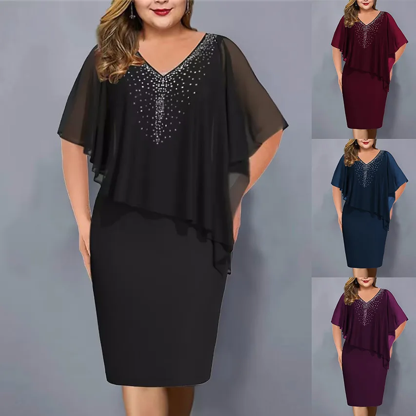 2024 New Elegant Summer Party Dress Rhinestone Decor Daily Wear Bodycon Plus Size Chiffon Lady Banquet Dress
