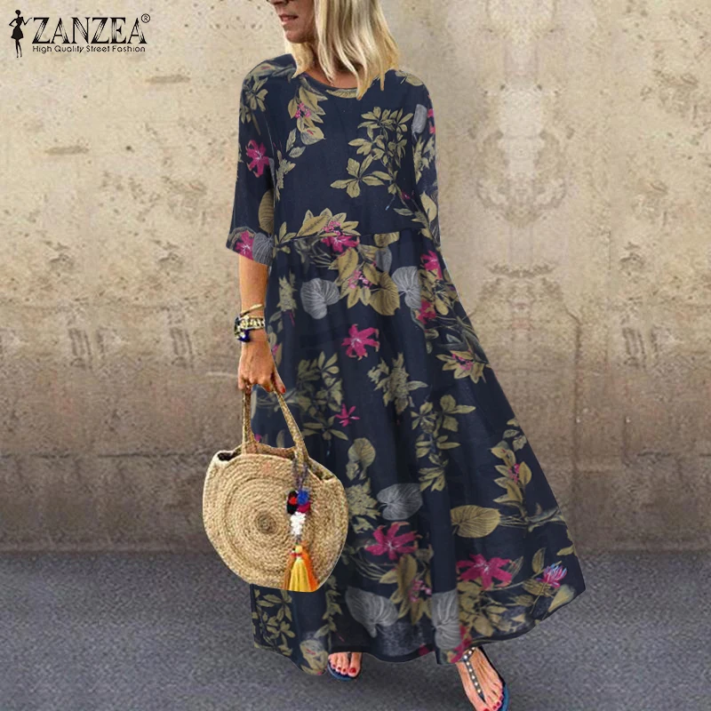 ZANZEA Floral Printed Bohemian Women's Midi Dress Loose Casual 3/4 Sleeve O Neck Long Robe Spring Retro Vacation A-line Vestidos