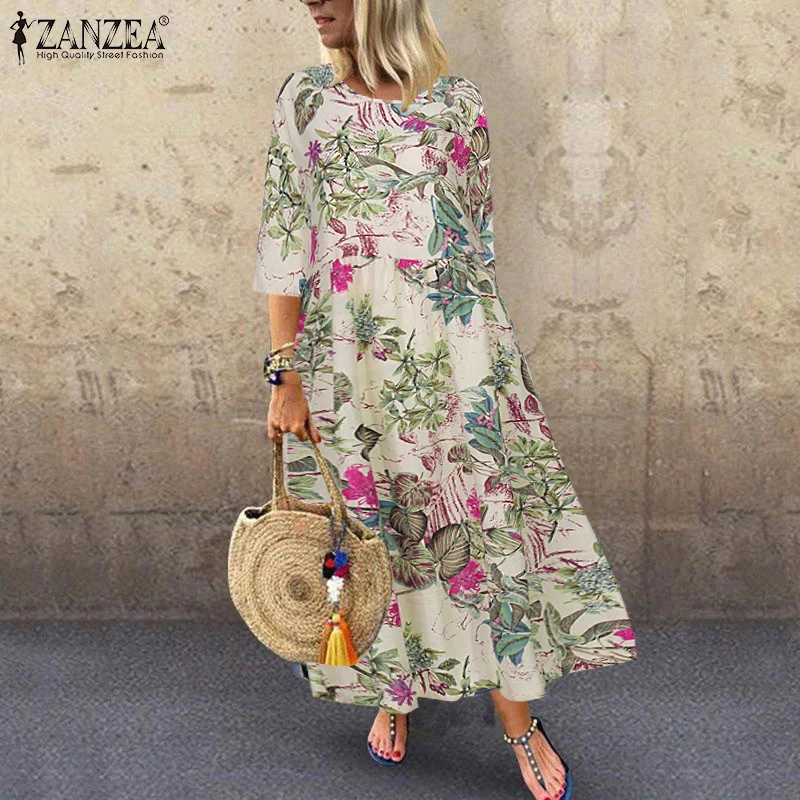 ZANZEA Floral Printed Bohemian Women's Midi Dress Loose Casual 3/4 Sleeve O Neck Long Robe Spring Retro Vacation A-line Vestidos