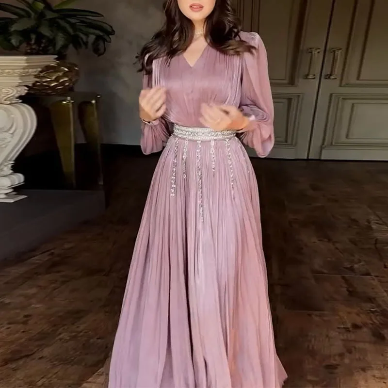 Lady Lantern Sleeve Big Hem Dresses Fashion V-neck Ruffles Gauze Evening Dress Temperament High Waist Solid Color Banquet Dress