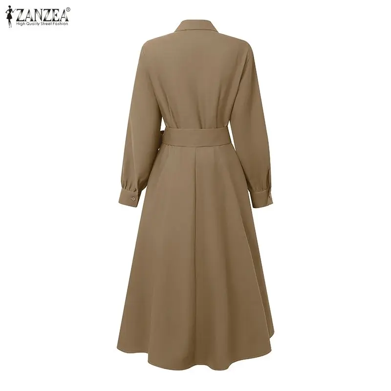 ZANZEA Fashion Women Lapel Neck Long Sleeve Party Dress 2026 Spring Office OL Dresses Belted Robe Solid A Line Waisted Sundress