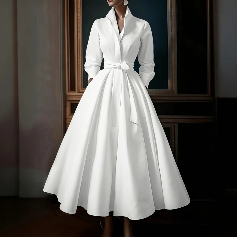 ZANZEA Fashion Women Lapel Neck Long Sleeve Party Dress 2026 Spring Office OL Dresses Belted Robe Solid A Line Waisted Sundress