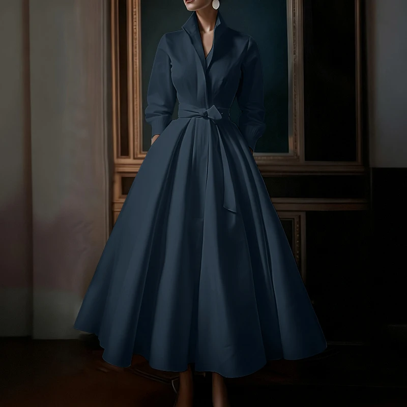 ZANZEA Fashion Women Lapel Neck Long Sleeve Party Dress 2026 Spring Office OL Dresses Belted Robe Solid A Line Waisted Sundress