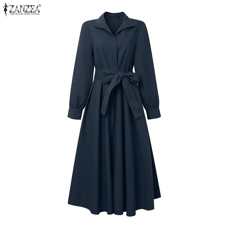 ZANZEA Fashion Women Lapel Neck Long Sleeve Party Dress 2026 Spring Office OL Dresses Belted Robe Solid A Line Waisted Sundress