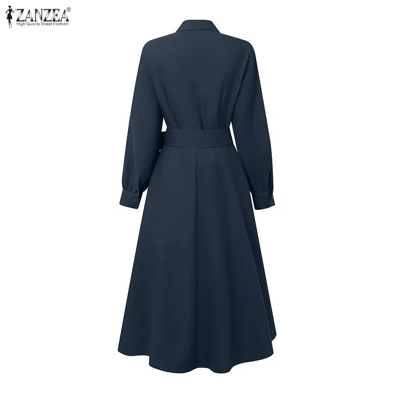 ZANZEA Fashion Women Lapel Neck Long Sleeve Party Dress 2026 Spring Office OL Dresses Belted Robe Solid A Line Waisted Sundress