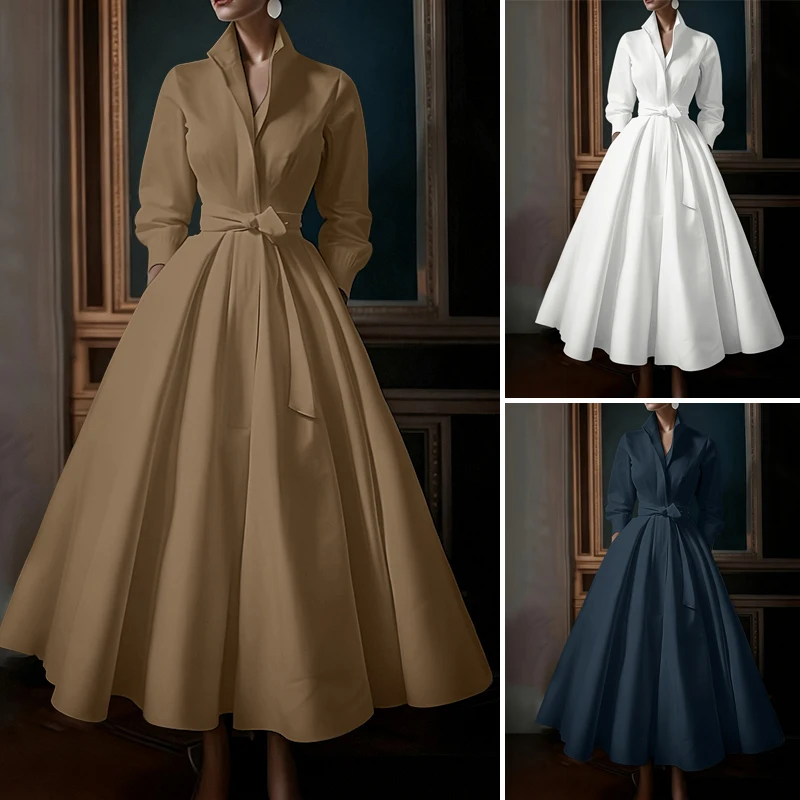 ZANZEA Fashion Women Lapel Neck Long Sleeve Party Dress 2026 Spring Office OL Dresses Belted Robe Solid A Line Waisted Sundress