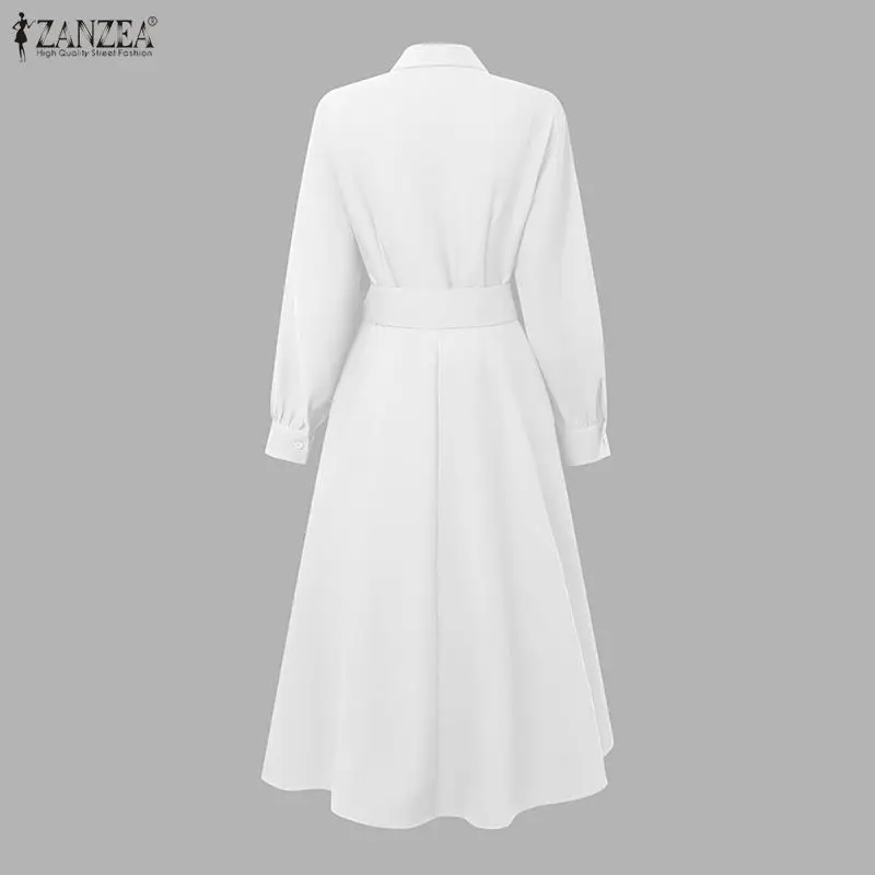 ZANZEA Fashion Women Lapel Neck Long Sleeve Party Dress 2026 Spring Office OL Dresses Belted Robe Solid A Line Waisted Sundress