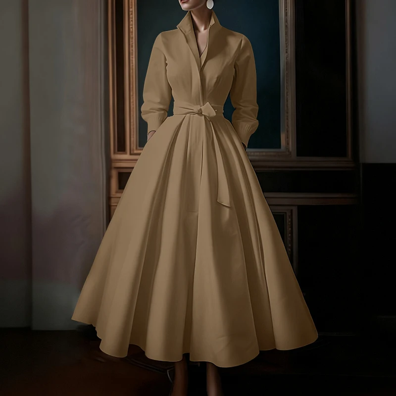 ZANZEA Fashion Women Lapel Neck Long Sleeve Party Dress 2026 Spring Office OL Dresses Belted Robe Solid A Line Waisted Sundress