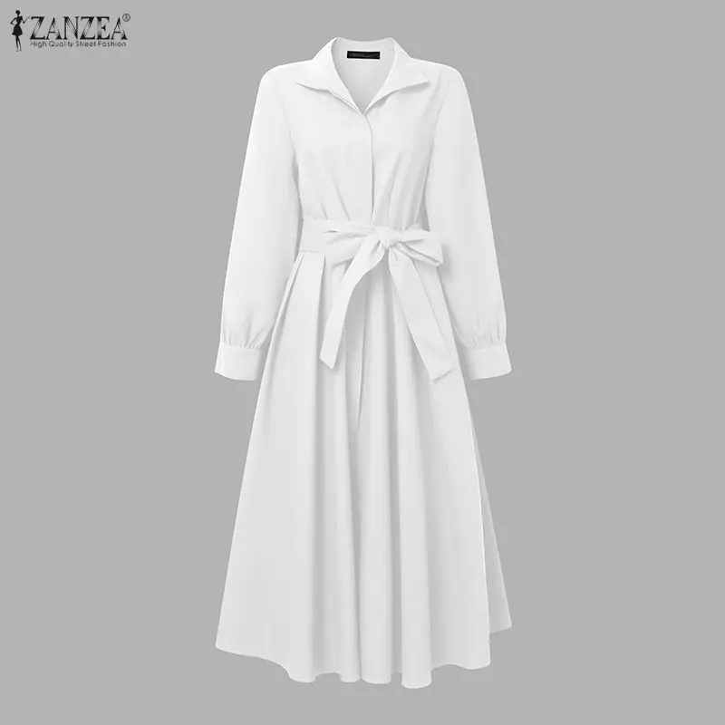 ZANZEA Fashion Women Lapel Neck Long Sleeve Party Dress 2026 Spring Office OL Dresses Belted Robe Solid A Line Waisted Sundress