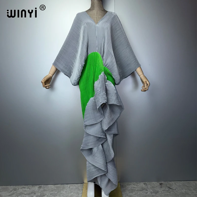WINYI New Pleated Slim High-Fork Dress for Women Fashion Beach Cover-Up Muslim Kaftan Abaya Dubai Luxury Long Evening Gown