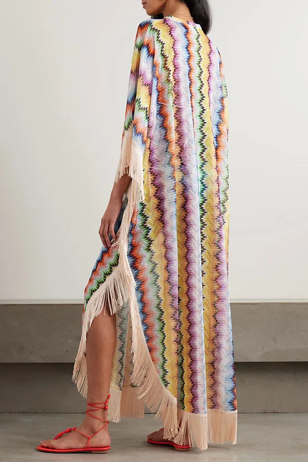 Bohemian Wave Print Long Dresses Women Fashion Casual Vacation Style Irregular V-neck Loose Dress Tassel Patchwork Beach Vestido