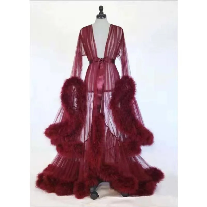 Sexy Feather Perspective Flared Sleeve Trailing Long Dress with Multiple Colors Available Mesh Women's Loose Pregnant Dress