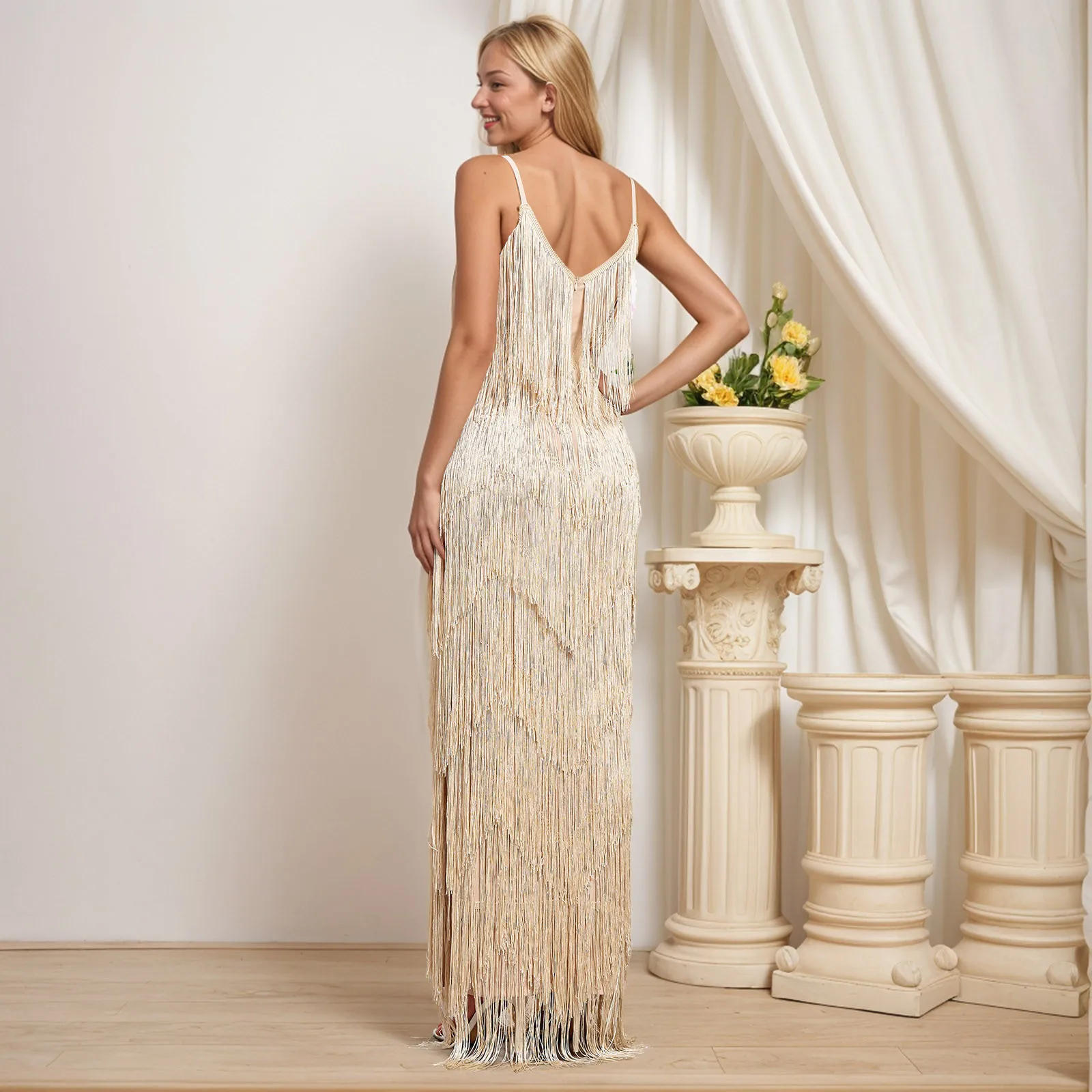 Slim Suspender Dress Women Tassel Evening Party Dress Sexy Solid Color Formal Banquet Prom Long Dresses For Female Vestidos