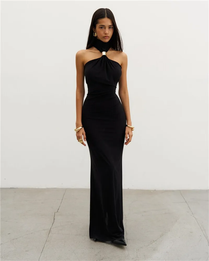 Balitops Gold Ring Turtleneck Maxi Tank Dress Women Summer New Slim Fit Female Dress Sleeveless Back Split Bodycon Long Dress