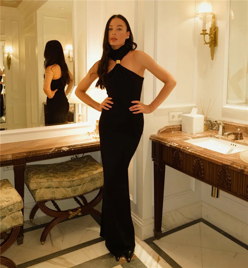 Balitops Gold Ring Turtleneck Maxi Tank Dress Women Summer New Slim Fit Female Dress Sleeveless Back Split Bodycon Long Dress