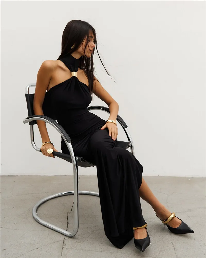 Balitops Gold Ring Turtleneck Maxi Tank Dress Women Summer New Slim Fit Female Dress Sleeveless Back Split Bodycon Long Dress