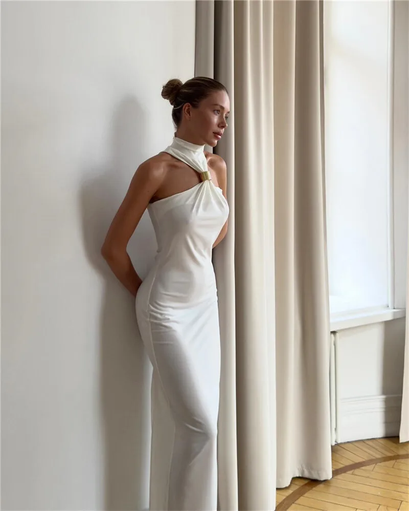 Balitops Gold Ring Turtleneck Maxi Tank Dress Women Summer New Slim Fit Female Dress Sleeveless Back Split Bodycon Long Dress