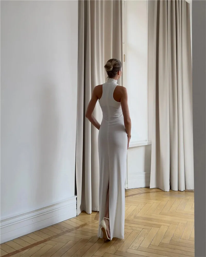 Balitops Gold Ring Turtleneck Maxi Tank Dress Women Summer New Slim Fit Female Dress Sleeveless Back Split Bodycon Long Dress