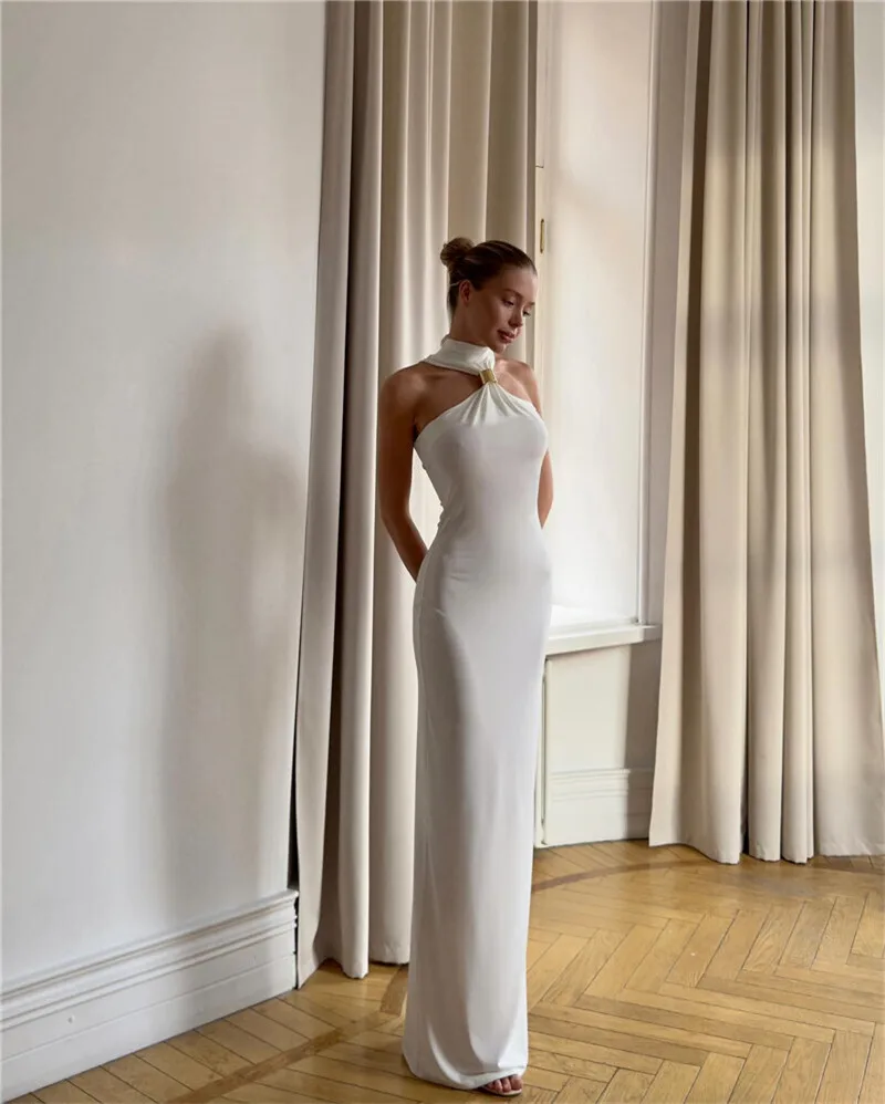 Balitops Gold Ring Turtleneck Maxi Tank Dress Women Summer New Slim Fit Female Dress Sleeveless Back Split Bodycon Long Dress